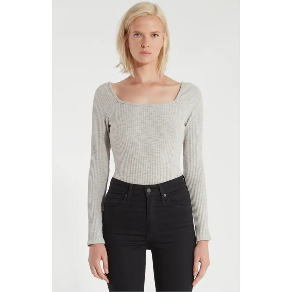 Lost and Wander Blazing Square Neck Bodysuit Gray Ribbed Womens Small New Top
